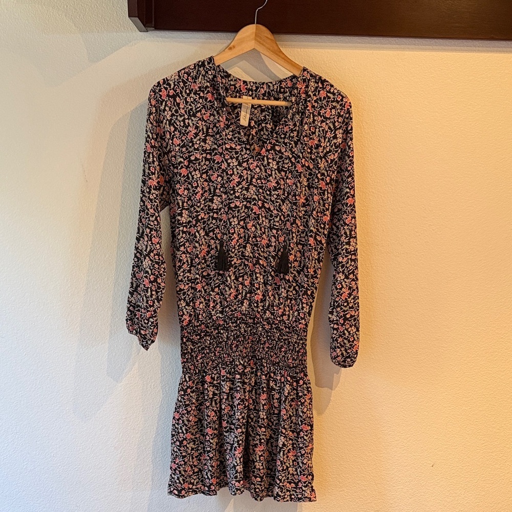 Allison Joy Floral Smocked Waist Long Sleeve Dress, Black/Pink, Size S